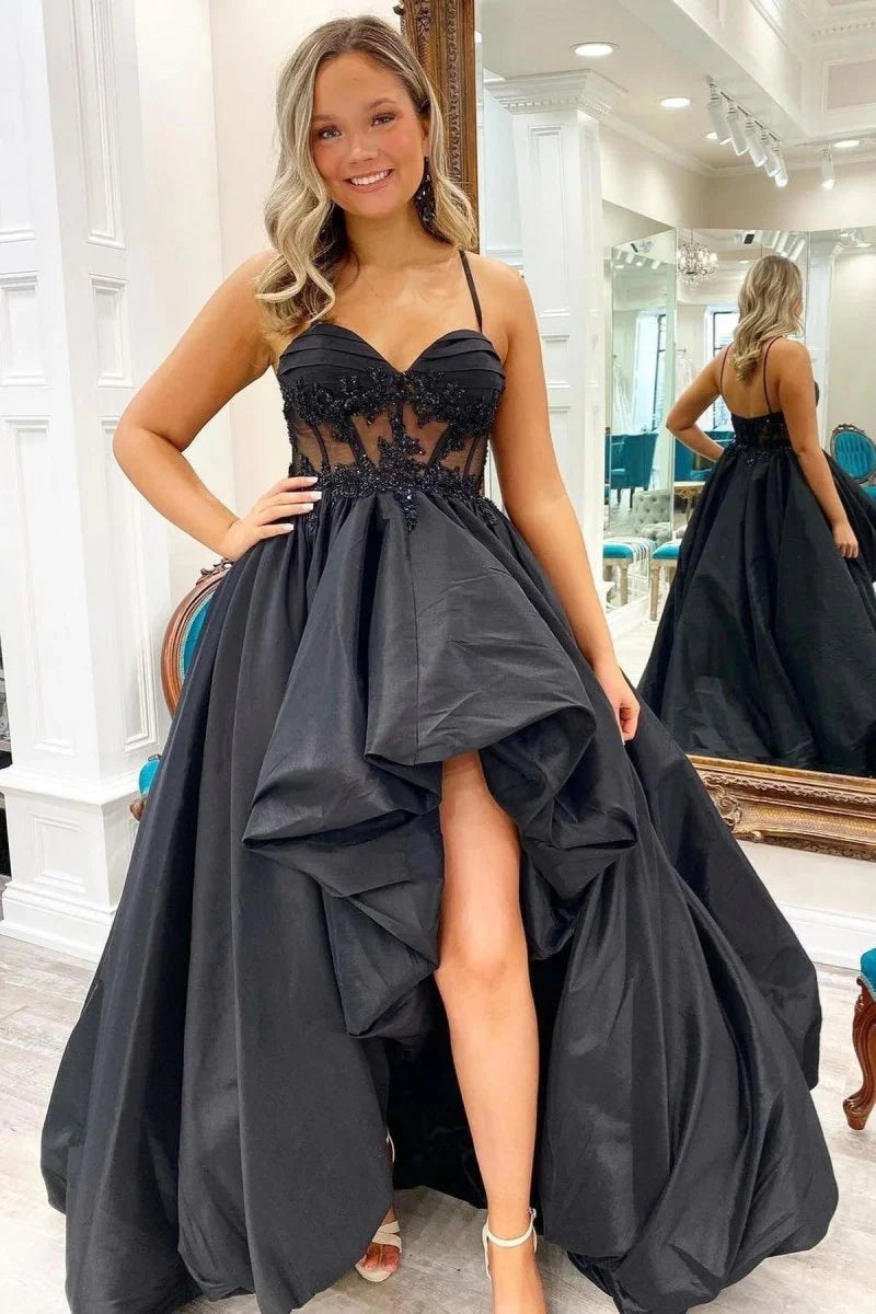 Black Appliques High-Low Straps Long Prom Dress