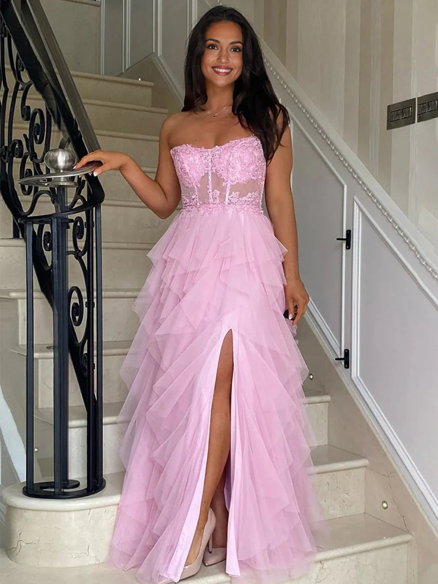A-Line Tulle Blush Tiered Long Corset Strapless Prom Dress with Appliques