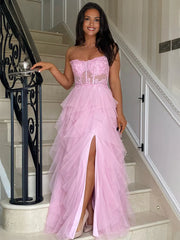 A-Line Tulle Blush Tiered Long Corset Strapless Prom Dress with Appliques