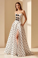 Black-White Sweetheart A Line Polka Dots Satin Long Formal Prom Dresses With Bow