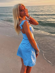 Blue - V Neck Satin Ruffles A Line Short Homecoming Dress