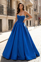 A-Line Beaded Sweetheart Royal Blue Satin Prom Dress