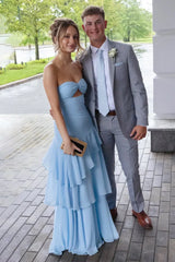 Blue - Sheath Sweetheart Chiffon Long Prom Dresses With Ruffles