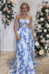 Blue Floral Printed Sweetheart Chiffon Tiered A-Line Long Corset Prom Dress