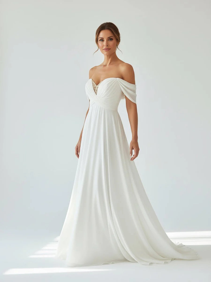 A-Line Chiffon Sleeveless Off-the-Shoulder Wedding Dress with Ruching Floor Length