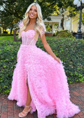 A Line Sweetheart Tiered Tulle Long Prom Dress With Slit