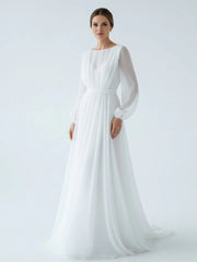 A-Line Illusion Neck Long Sleeves Sweep Train Organza Wedding Dresses