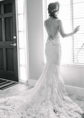 Beaded Lace Mermaid Spaghetti Straps Sleeveless Wedding Dresses