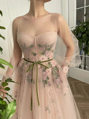 A Line Scoop Long Sleeve Tulle Prom Dress with Floral Embroidery