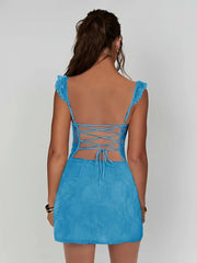 Blue - Spaghetti Straps Sheath Lace Short Homecoming & Cocktail Dress With Slit