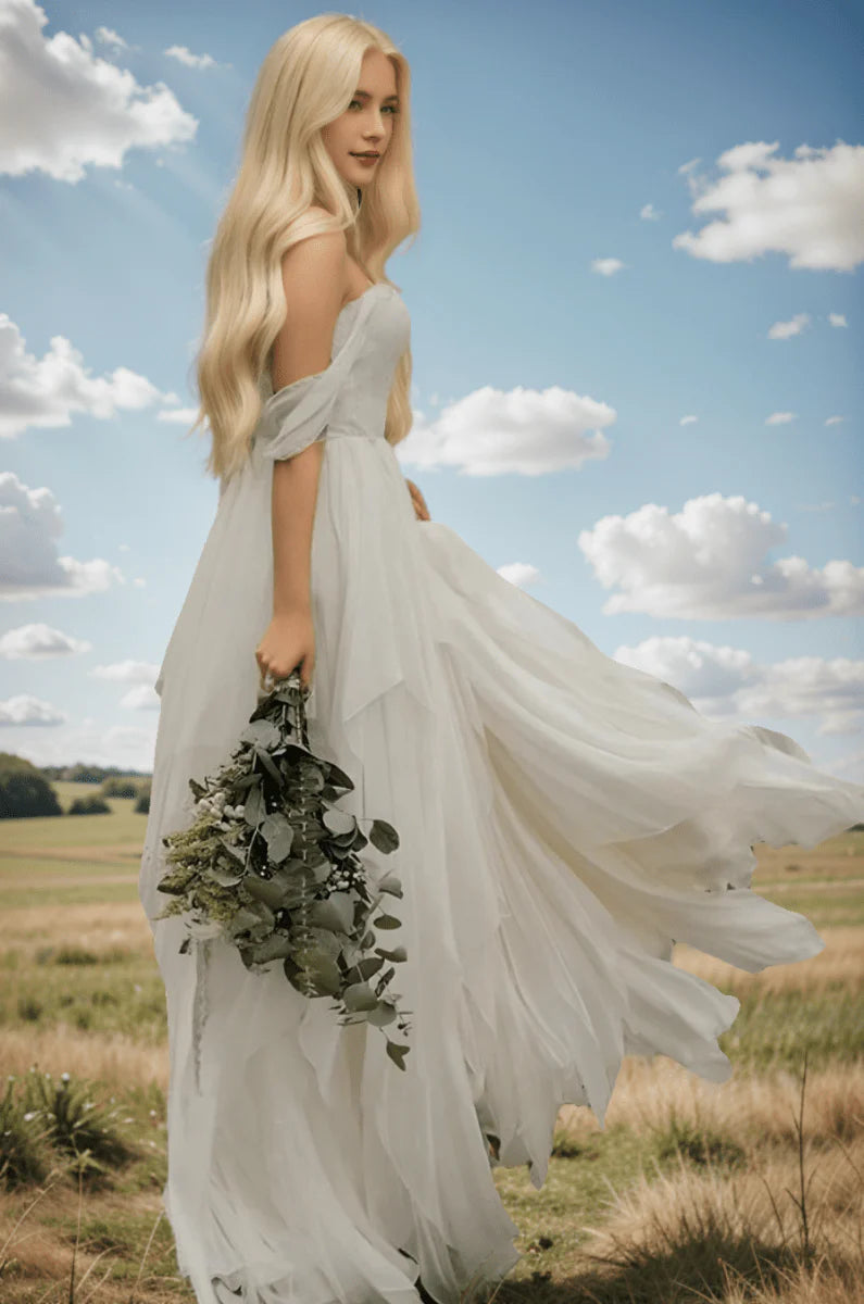 A-Line Sweetheart Off-the-shoulder Chiffon Floor Length Wedding Dress