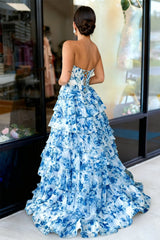 Blue - A-Line Floral Chiffon Sweetheart Ruffled Beaded Long Prom Dresses with Slit