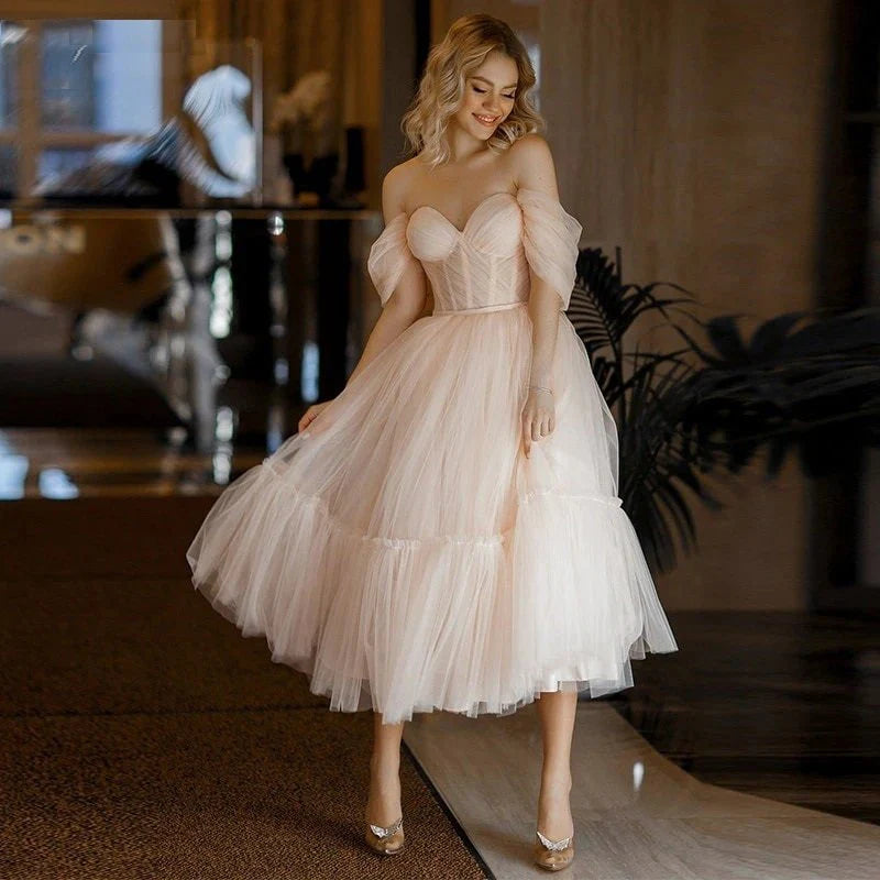 A Line Pink Tulle Tea Length Prom Dress