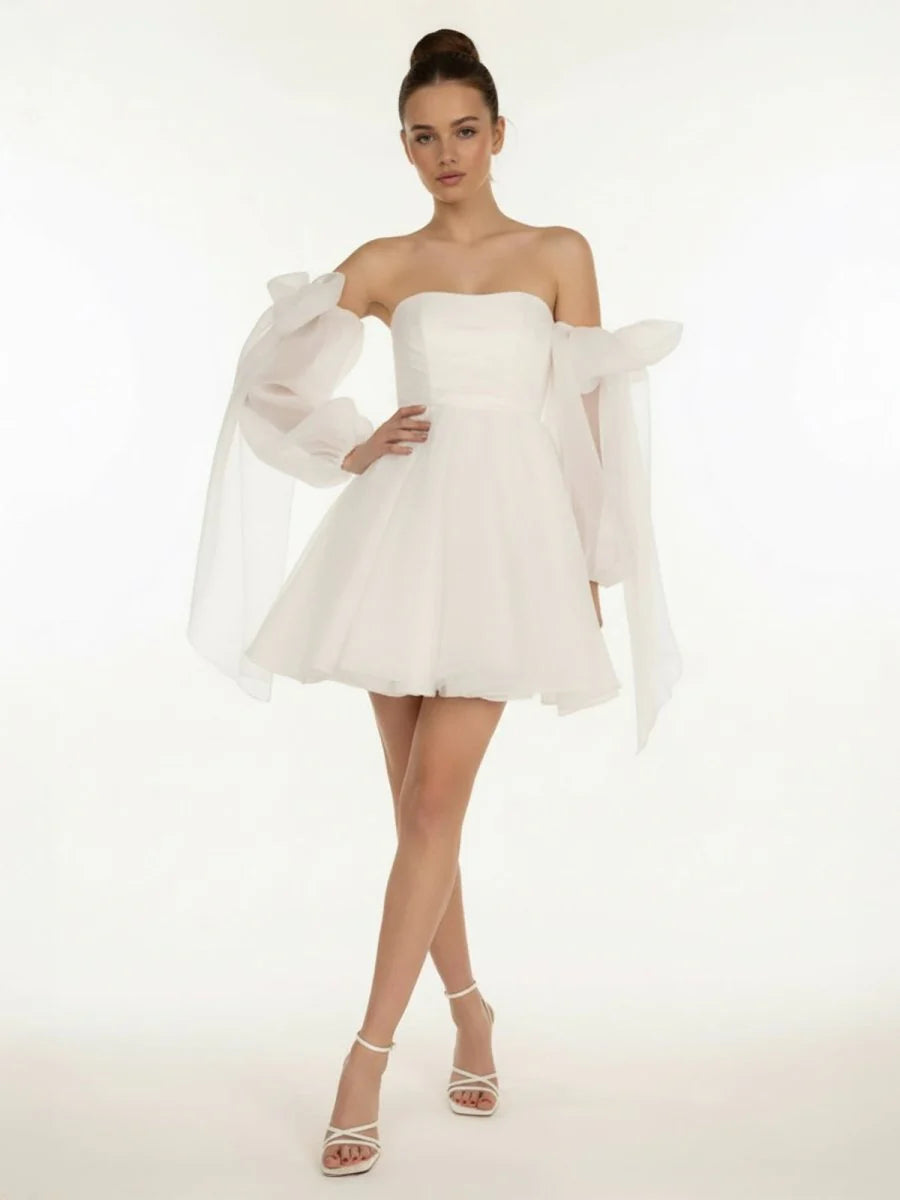 A-Line Puff Long Sleeves Short Wedding Dresses With Bows