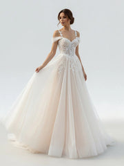A-Line Off-The-Shoulder Tulle Wedding Dresses With Appliques Lace
