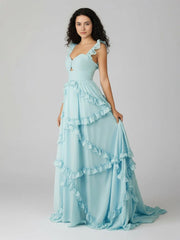 A-Line Straps Sky Blue Chiffon Ruffles Long Prom Dress