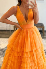 A-line Orange V-Neck Tulle Long Prom Dress