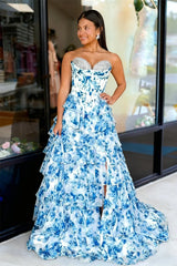 Blue - A-Line Floral Chiffon Sweetheart Ruffled Beaded Long Prom Dresses with Slit
