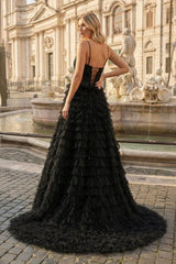 A-Line Tiered Sequins Tulle Long Prom Dress