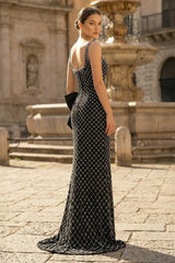 Black Spaghetti Straps Sheath Satin Beaded Formal Prom Dresses With Bowknot