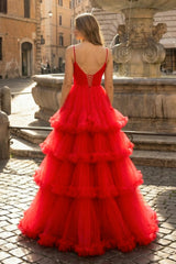 A-line V-Neck Tulle Prom Dress with Tiered Ruffles