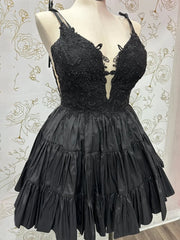 Black - V Neck Satin A Line Ruffles Homecoming Dresses With Appliques
