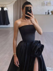 Black Strapless Satin Long Prom Dress With High Split