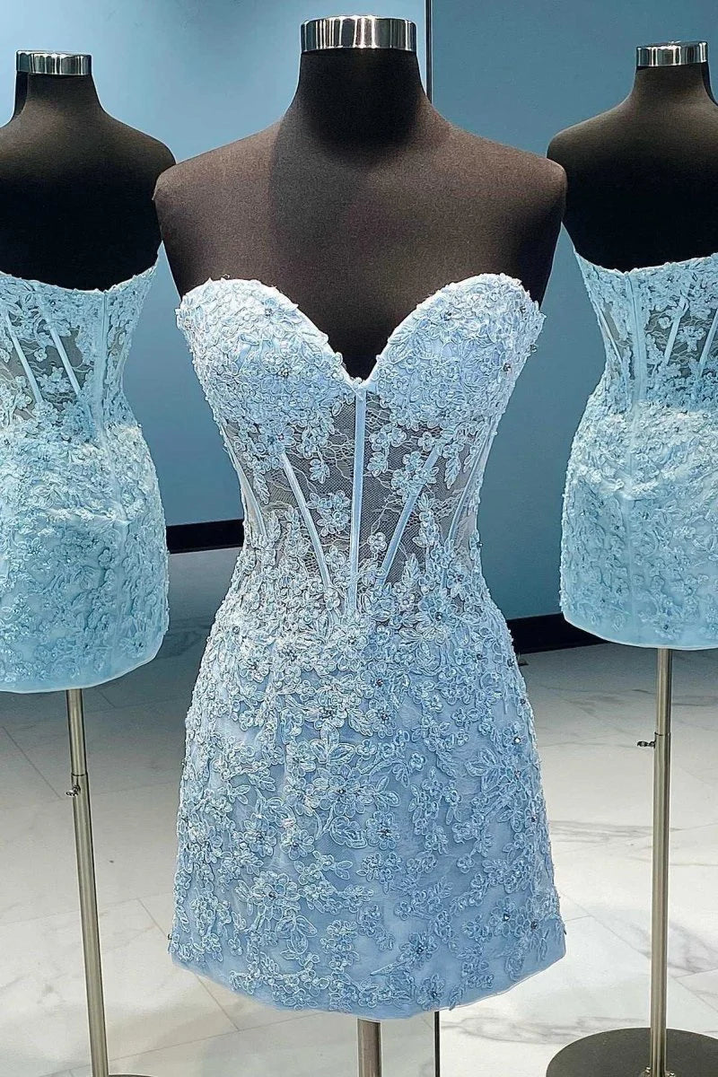 Blue Appliques Strapless Short Homecoming Dress
