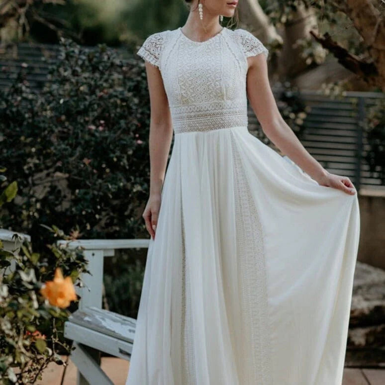 A-Line Exquisite Lace Appliqued Cap Sleeves Wedding Dress