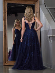 A-line V Neck Lace Tulle Prom Dress With Slit