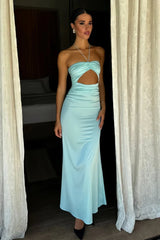 Aqua - Halter Sheath Satin Pleated Long Prom Dresses With Cutout