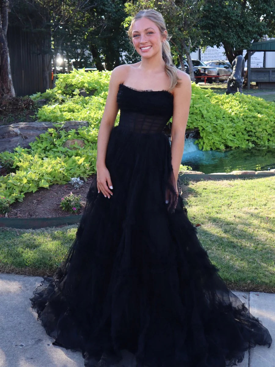 Black Strapless Tulle A Line Lone Prom Dress