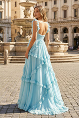 A-Line Straps Sky Blue Chiffon Ruffles Long Prom Dress
