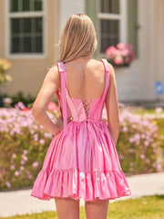 A-line Sweetheart Pink Ruffled Taffeta Homecoming Dress With Bow Straps