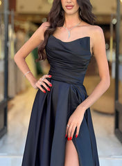 A Line Black Strapless Satin Prom Dresses With Slit
