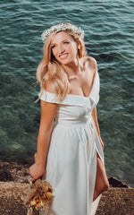 A-Line Off-the Shoulder Satin Modern Wedding Dress Sleeveless With Split Front