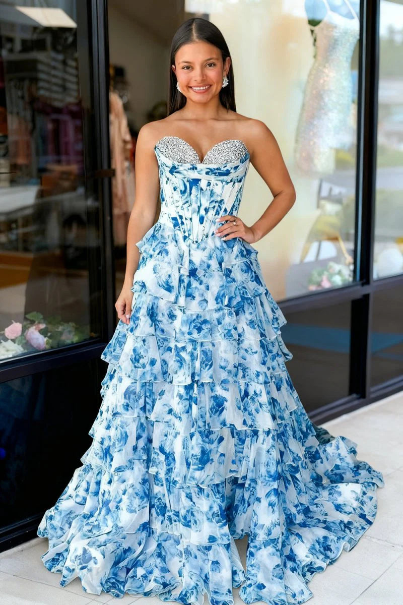 Blue - A-Line Floral Chiffon Sweetheart Ruffled Beaded Long Prom Dresses with Slit