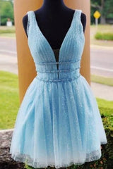 A Line Tulle V Neck Homecoming Dress With Beading