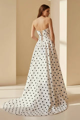 Black-White Sweetheart A Line Polka Dots Satin Long Formal Prom Dresses With Bow