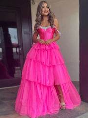 A Line Off the Shoulder Hot Pink Tulle Long Prom Dresses with Beading