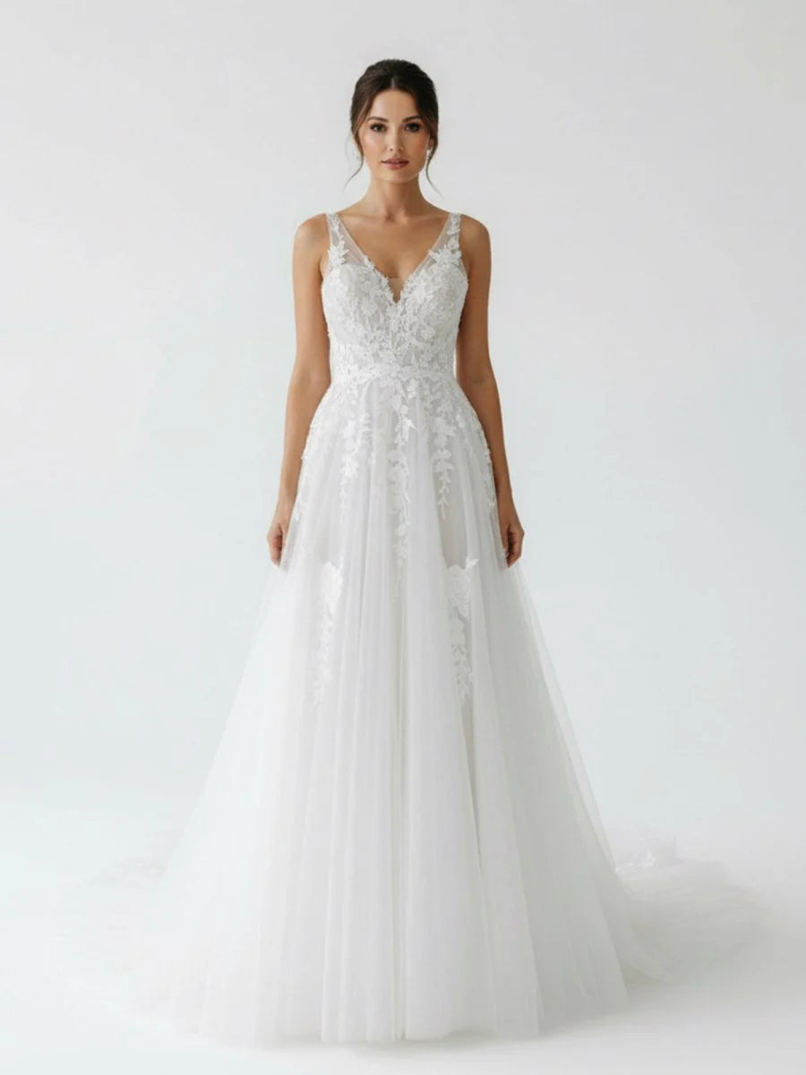 A-Line V Back Long White Wedding Dress with Lace Appliqued