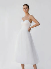 A-Line Spaghetti Straps White Satin Tulle Tea-Length Wedding Dresses