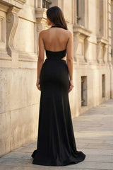 Black Halter Cutout Mermaid Long Prom Dresses with Slit