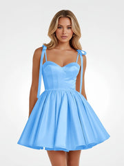 Blue - Spaghetti Straps Satin Pleated A Line Homecoming Dresses With Bow