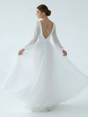 A-Line Illusion Neck Long Sleeves Sweep Train Organza Wedding Dresses