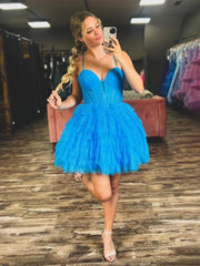 Blue - V Neck Tulle Ruffles A-line Short Homecoming Dresses
