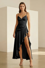 Black - Spaghetti Straps Sheath Satin High Low Prom Dresses With Ruffles