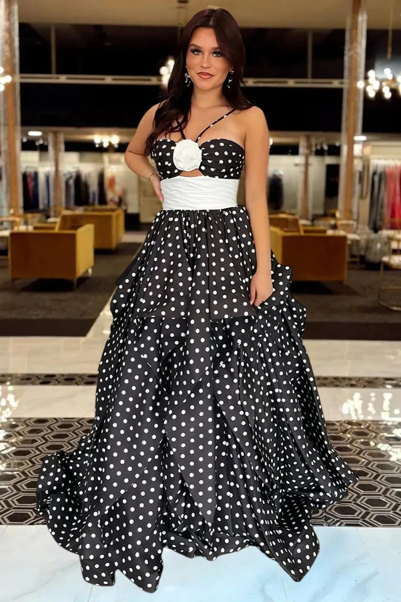 Black - Halter Satin A Line Dot Prom Dresses With Flower