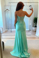 Aqua - Mermaid Strapless Satin Beaded Long Formal Prom Dresses With Slit