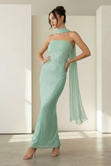 Aqua Strapless Sheath Sequined Formal Prom Dresses With Scarf